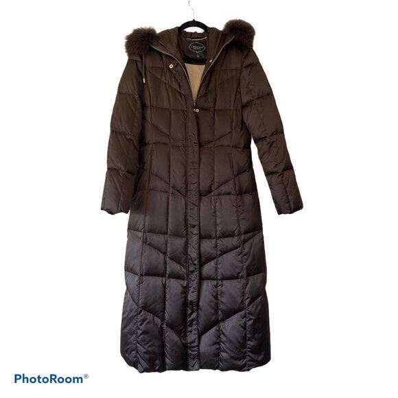 1 Madison Size S Long Down Feather Puffer Coat Fox Fur Trim Hooded Brown Quilted